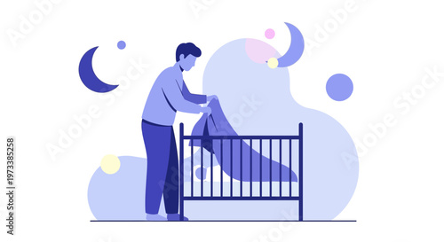 Father putting baby to sleep in crib at night, bedtime routine, lullaby, peaceful sleep