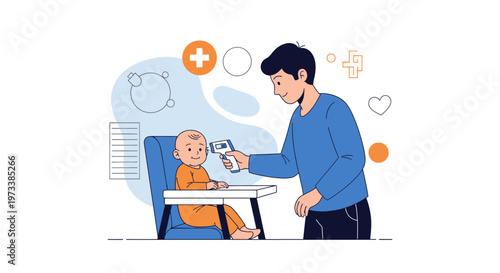 Father checks baby's temperature with infrared thermometer, healthcare concept