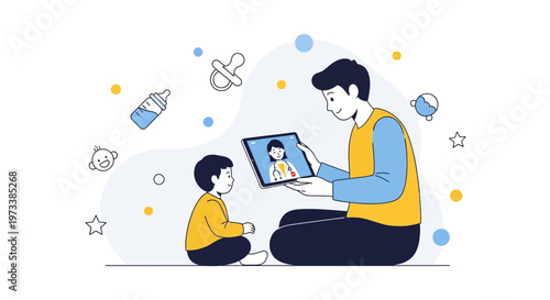 Father showing tablet to child, storytelling, bonding, family, childhood, learning, digital education