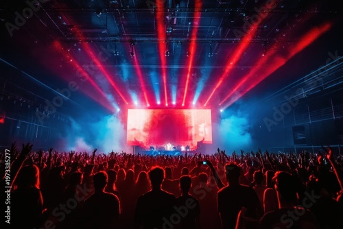 Energetic indoor concert with silhouetted crowd raising hands toward a glowing red and blue stage screen, dramatic fog and beams of light conveying exhilaration and unity
