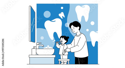 Father teaching daughter to brush teeth in bathroom, dental hygiene concept