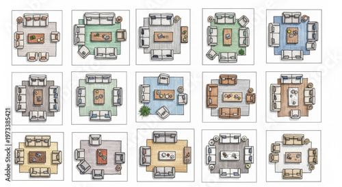 Living Room Furniture Arrangement Sketch Overhead View Contemporary Interior Layout Design Concept Illustration