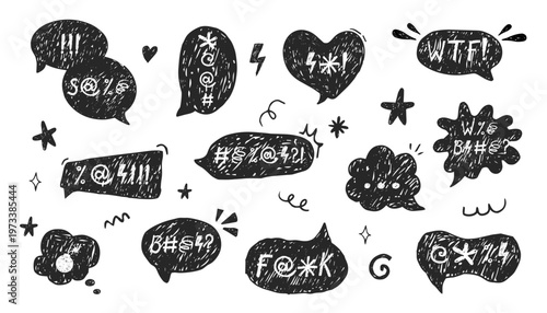 Crayon speech bubble with swear words doodle, hand drawn comic. Grunge speech bubbles with the curses, insults, vulgar rage, swear word symbols