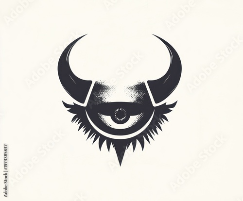 symmetrical black horned emblem with a single eye, curved horns, spiky mane and triangular chin, minimalist ominous mask-like creature