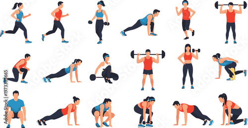 Fitness workout illustration, strength training, cardio exercises, running, squats, lunges, push-ups, planks, deadlifts, weightlifting, dumbbells, barbells, gym activity, 
