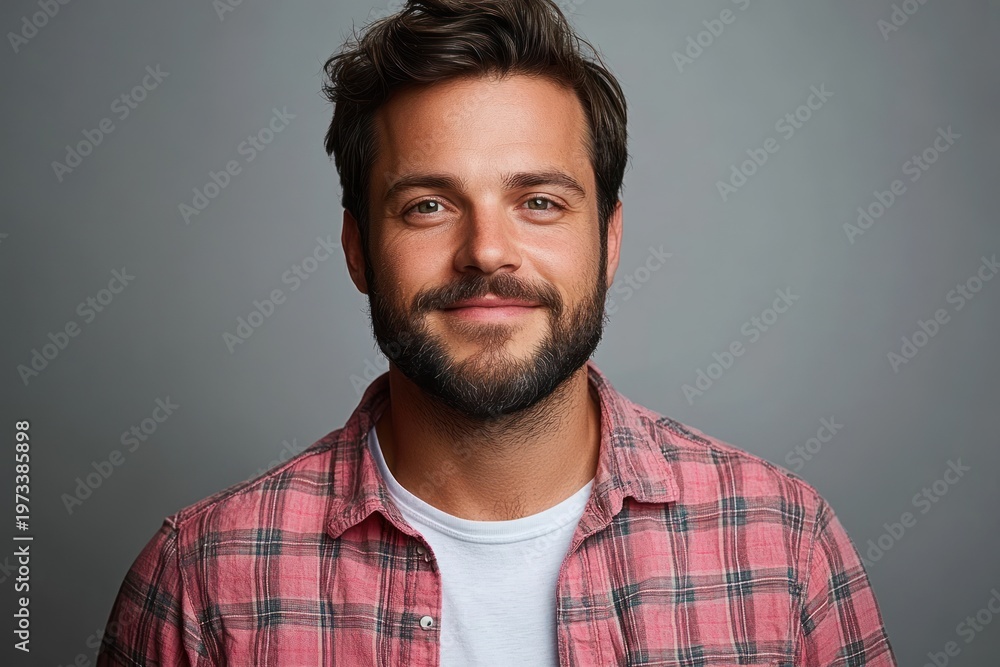 Fototapeta premium male portrait wearing red plaid shirt over white t-shirt, relaxed neutral pose against plain gray backdrop