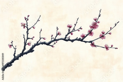 Gnarled dark branch with delicate pink plum blossoms and buds on a pale textured background, minimalist composition conveying calm elegant serenity