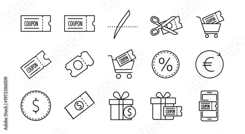 Collection of various coupon and discount icons for shopping and promotions.