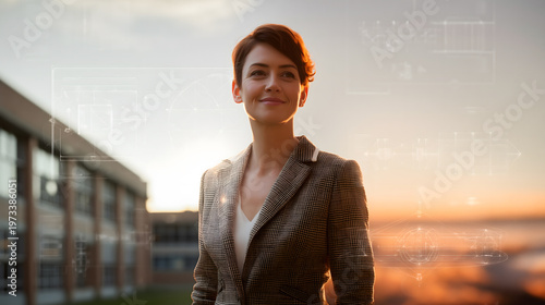 Confident in Vision: A determined individual stands before a modern building, illuminated by the warm light of sunrise. Their expression suggests both resolve and anticipation.