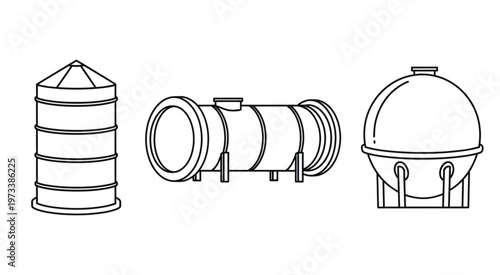 Three industrial storage tanks in a line, showing different shapes and designs for various applications.