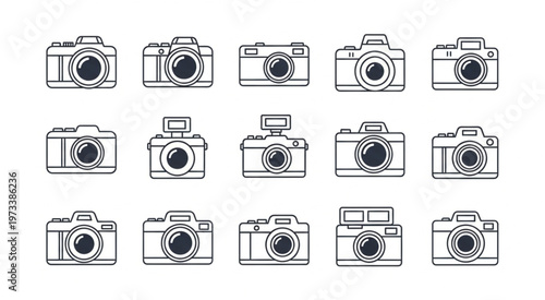 Collection of various cameras in a line art style, perfect for photography.