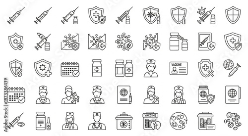 Collection of medical and healthcare icons representing vaccination and protection against diseases.