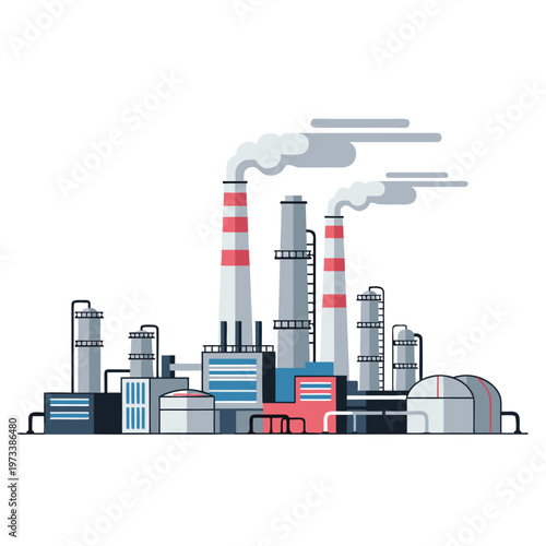 Industrial factory complex producing smoke in white background