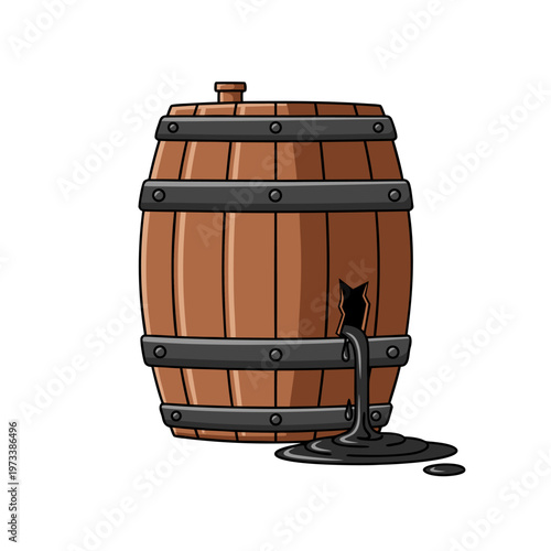 Wooden barrel leaking dark liquid on white background