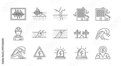 Earthquake and Tsunami Disaster Icons Depicting Natural Hazards and Risks.
