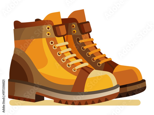 Pair of brown work boots placed on white background