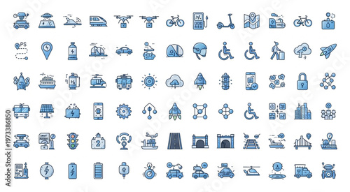 Collection of various transportation and technology icons in blue and grey color scheme.