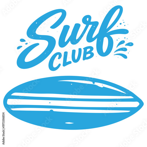 Surf club logo with classic longboard surfboard ocean illustration
