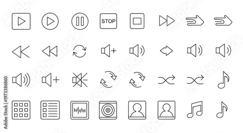 Collection of various music and media player control icons in a linear style.