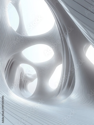 Ethereal white organic interior with flowing arches, smooth ribbed surfaces and luminous oval openings, a serene otherworldly minimal space