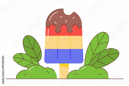 Striped popsicle with chocolate topping among green leaves