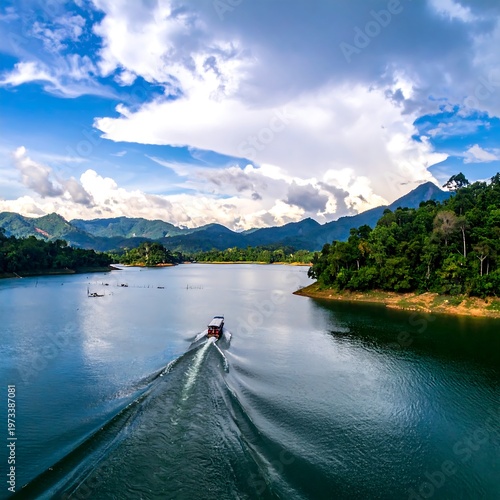 Scenic aerial view of a boat sailing through tranquil waters, with lush green forests lining the shores and majestic mountain silhouettes