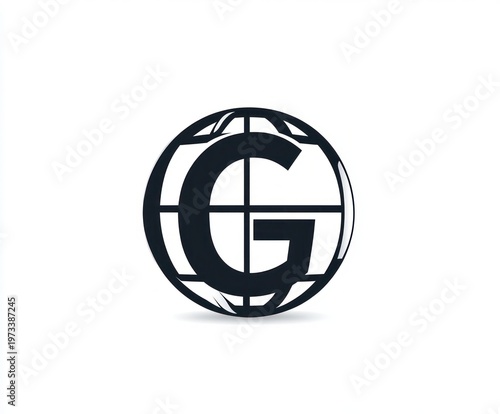 Minimalist black globe with grid lines enclosing a bold letter G, modern corporate icon conveying global connection, professionalism, and sleek simplicity