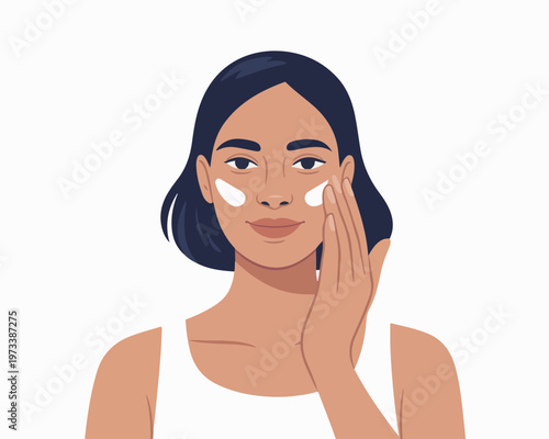 Woman applying face cream for skincare routine and beauty treatment on white background.