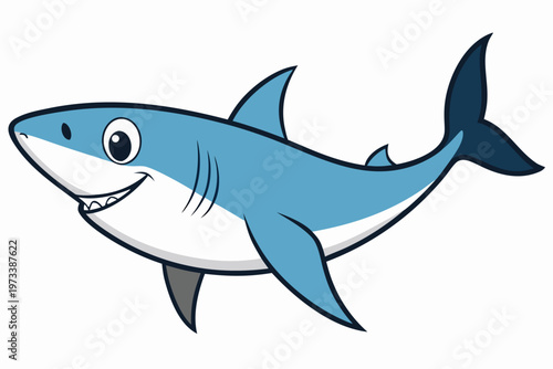 Friendly shark grinning while swimming in simple white background