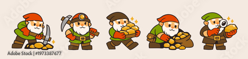 Gnome Miners in various poses. Cute gnomes with pickaxe, helmet, gold nuggets, sack, magnifying glass. Hand drawn Vector illustration. Isolated design elements. Treasure mine, mobile game concept