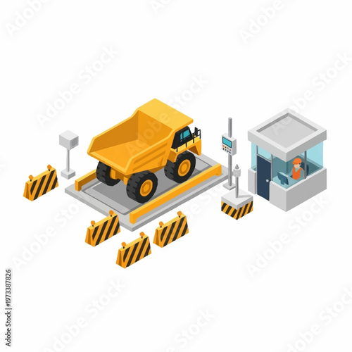 Isometric Dump Truck on Weigh Station with Operator Booth.