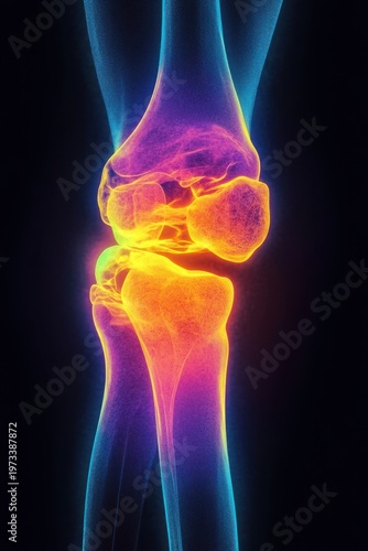 vibrant neon visualization of a human knee joint showing femur and tibia bones with glowing joint surfaces and cartilage, conveying clinical intensity and scientific curiosity