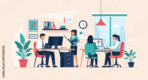 Colleagues collaborate and work in a modern office space