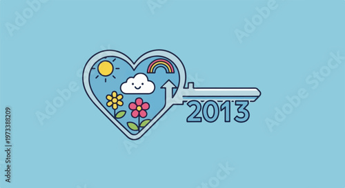 A heart-shaped key with a colorful scene of nature, symbolizing opportunity in 2013