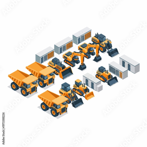 Isometric Heavy Construction Vehicles and Equipment Set.