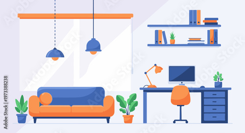 A modern, flat-style living and work space with blue sofa and orange accents