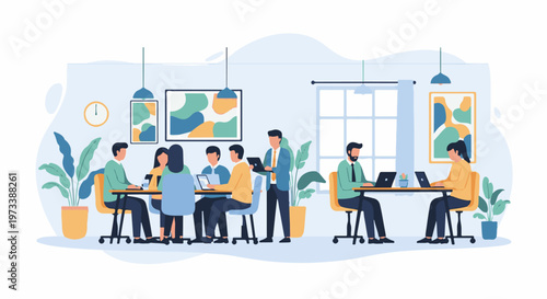 Diverse team collaborating and working on laptops in a bright, modern office