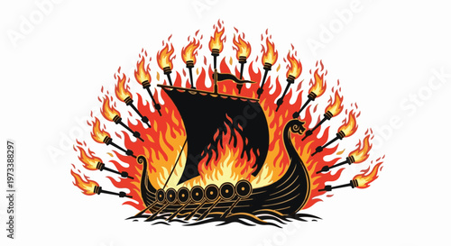 A black Viking ship with a sail engulfed in bright orange flames, surrounded by flaming torches