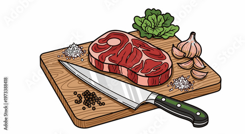 A raw steak is seasoned with salt and peppercorns on a wooden cutting board with garlic and lettuce