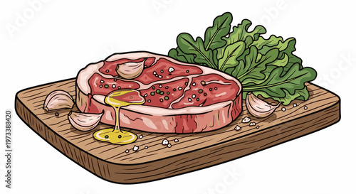 Fresh raw steak with garlic, greens, and drizzles of oil on a wooden board