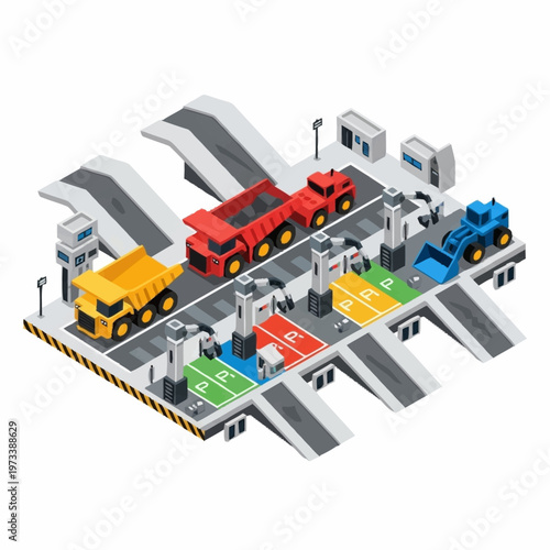 Isometric illustration of a construction site with heavy machinery and roads.