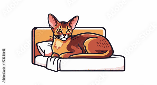 A stylized depiction of a sleek, reddish-brown cat resting comfortably on a white pillow within a cushioned bed