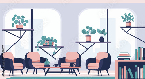 Cozy minimalist indoor seating area with plants and books