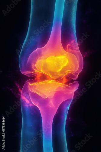 glowing neon knee joint anatomy with fiery inflammation between femur and tibia conveying intense pain and heat