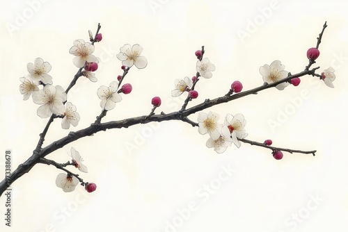 delicate plum blossom branch with white flowers and pink buds on a pale background conveying serenity and calm