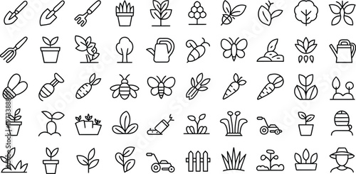 Gardening and nature icons set plant tree