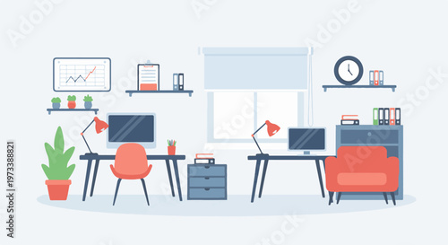 Two desks with computers, chairs, plants, and storage create a modern office workspace