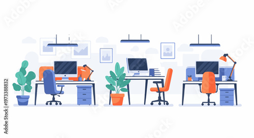 Three modern office cubicles with computers, plants, and lamps