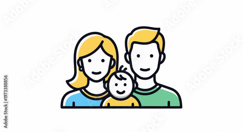 Stylized illustration of a smiling family mother, father, and baby