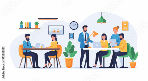 A modern office scene with diverse individuals collaborating on projects around tables